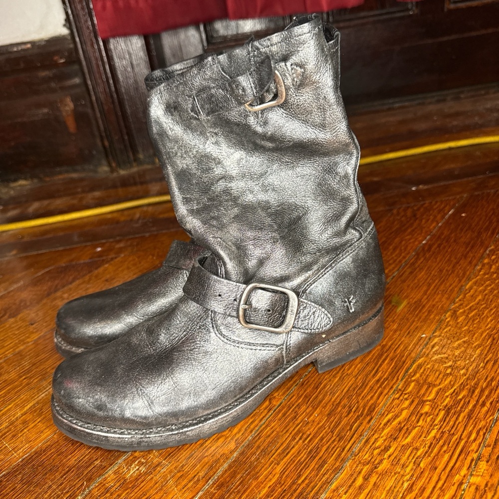 Metallic slouchy Frye motoboots